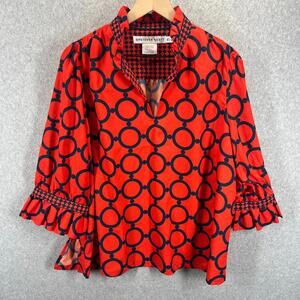 Gretchen Scott Womens XL Orange Blue Circles Blouse Top Shirt Flare Sleeve NWOT